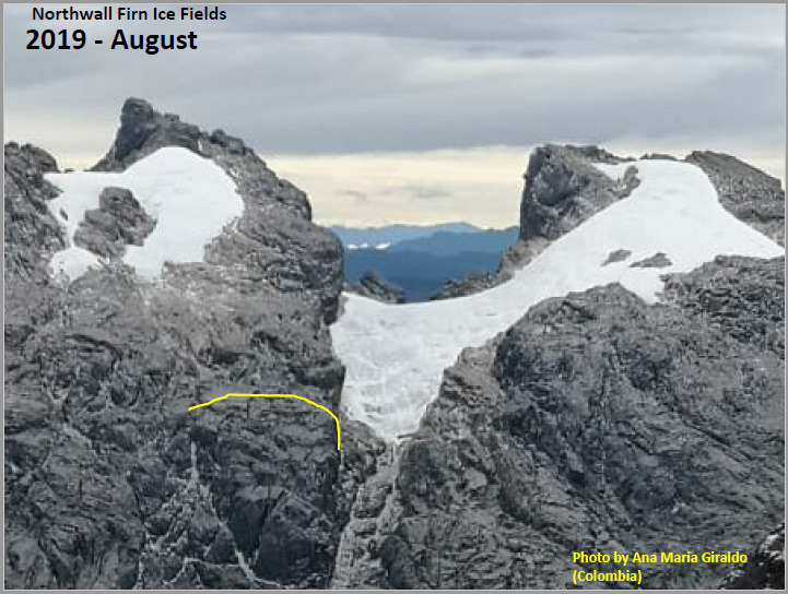 Gletser Puncak Jaya pada tahun 2019, seperti yang terlihat oleh pendaki gunung. Sekitar 75 persen dari gletser telah menghilang dalam sembilan tahun. [Credit : Ana Maria Giraldo]